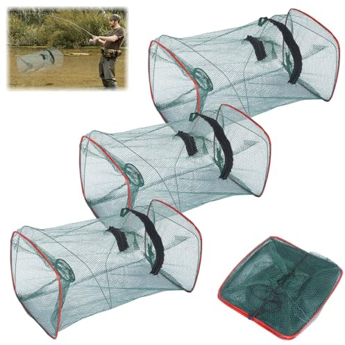 3 Pcs Minnow Trap Collapsible Fish Trap Folding Fishing Net Nylon Fishing Equipment and Supplies Crawfish Lobster Shrimp Bait Net 17.7 x 8.6 x 8.6 Inches Portable Rimmed Cast Nets