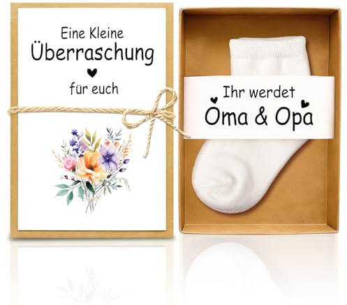 TUZELIYA Schwangerschaft Verkünden mit Geschenkbox - Ihr werdet Oma & Opa - Perfektes Baby Geschenk für werdende Großeltern - Baby Überraschung Verkündung mit Babysöckchen - Oma & Opa