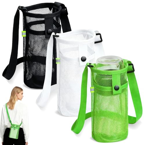 Pack de 3 Portabotellas de Hombro, Funda de Malla Transpirable para Botella de Agua con Correa Ajustable, para Deporte, Senderismo, Viaje (Negro, Blanco, Cian)
