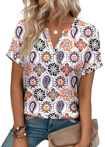 Aokosor Womens Tops Ladies T Shirts for Women Summer Tops V Neck Short Sleeve Shirts Size 18-20 Colorful Floral