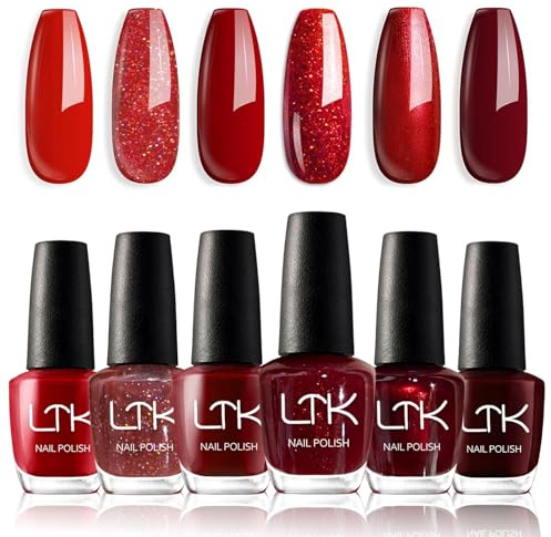DMQ Red Nail Polish Sets, 6Pcs Burgundy Wine Cherry Red Glitter Shimmer Sparkling Nail Varnish Kit - Non-Toxic Water Based Holographic Nail Gel - Christmas Nail Paint Nail Art Manicure Gifts for Women
