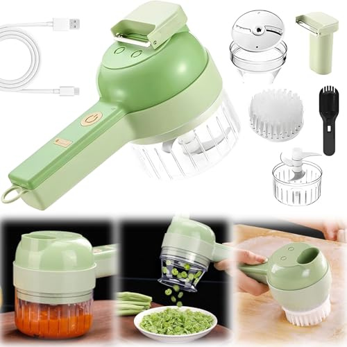 Coupe-Aliments & Hachoir à Viande éLectrique 4-En-1, Coupe Legumes Electrique,Trancher, Remuer, Peler, Nettoyer, Chargement USB Portable Sans Fil