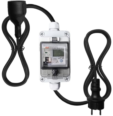 Compteur électrique numérique mobile 16 A 230 V, prise avec disjoncteur FI, étanche IP67 avec fiche Schuko + fonction de réinitialisation + fonction de réinitialisation pour camping-cars, véhicules