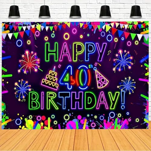 1 Happy 40th Birthday neonljus och fyrverkerier bakgrundsbanderoll - hållbar festdekoration