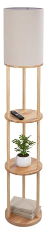 Relaxdays Stehlampe mit Regal, HD: 180 x 30 cm, E27-Fassung, Holz & Leinen, modernes Design, Stehleuchte, Natur-weiß