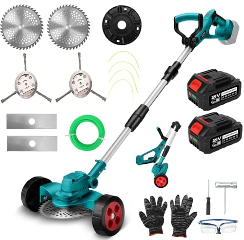Akku Rasentrimmer Rasenkantenschneider Freischneider mit 21V 4000mAh, 4 in 1 Unkrautbürste Schneidklingen, Rasentrimmerfaden Batterie Rasenmäher Teleskopgriff für Makita 18V mit Rasenschneiden Räder
