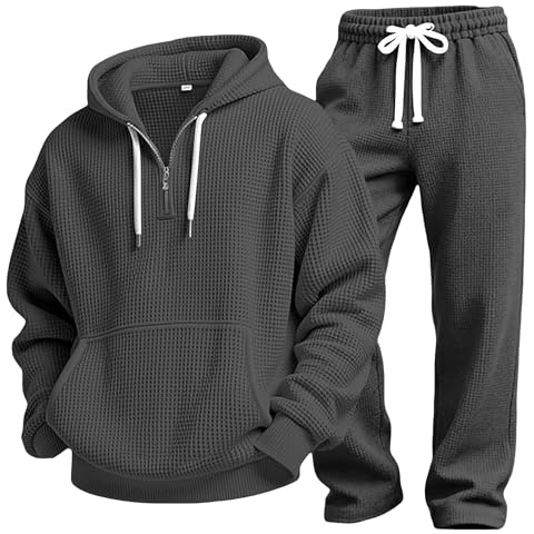 Herr 2 delade träningsoveraller Stickad huvtröja med dragkedja och dragsko i midjan Byxor Casual Jogger overall Svart XX Large