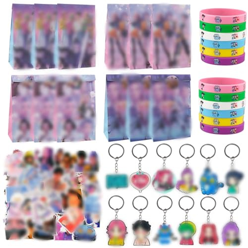 WDJLNZB 96 Pezzi Anime Compleanno Regali Festa, Hun-trix Set Gadget Compleanno Bambini con De-m0n Hun-ters Adesivi, Portachiavi, Braccialetti e Sacchetti Regalo, Regalini Fine Festa Compleanno