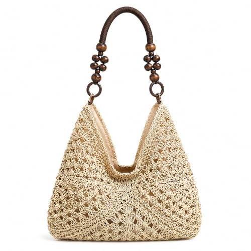 Uoocg Grand sac à main en paille pour femme - Sac de plage au crochet avec perles en bois