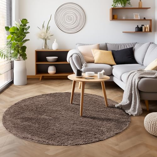 SIMPEX Hochflor Teppich, Unicolor - Einfarbig, Teppich Taupe, 200 cm Rund, modern & Stilvoll, Wohnzimmer Schlafzimmer