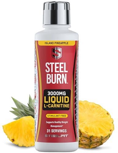 SteelFit Steel Burn, Premium Liquid L-Carnitine, 3000mg - Stimulant-Free & Clean Workout Drink for Men & Women Supports Healthy Weight Loss Management & Fat Metabolism - 31 Servings, Island Pineapple
