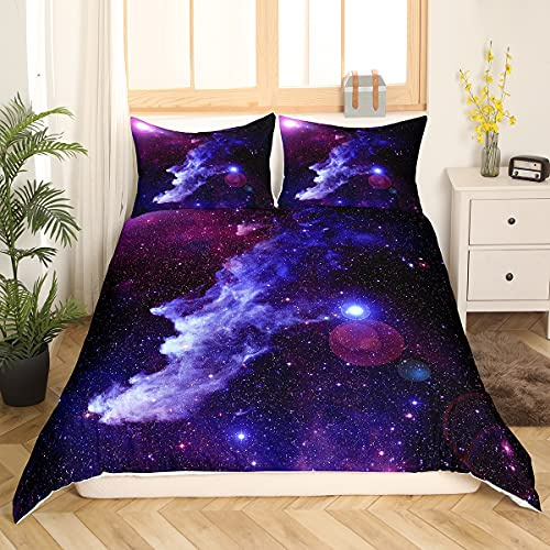 Loussiesd 3D Galaxy Bettwäsche-Set 155 x 220 cm Universe Starry Sky Print Bettbezug-Set Lila Blau für Kinder Jungen Mädchen Dekorative weiche Mikrofaser-Bettwäsche mit 1 Kissenbezug 80x80 cm