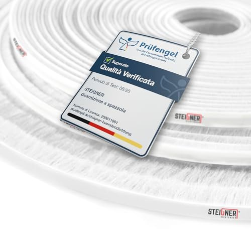 STEIGNER Bürstendichtung selbstklebend Weiß 15 mm x 5 m - Robuste Türbürstendichtung für Haustüren, Rolltore, Eingangstüren - Zugluftstopper, Insektenschutz, Staubschutz