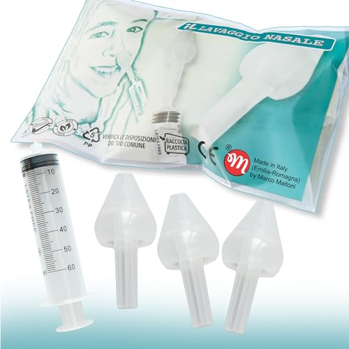 Set irrigador nasal para lavado nasal, higienizable by Marco MalTONI, fabricado en Emilia-Romaña, 3 aceitunas nasales grandes y 1 jeringa de 60 ml