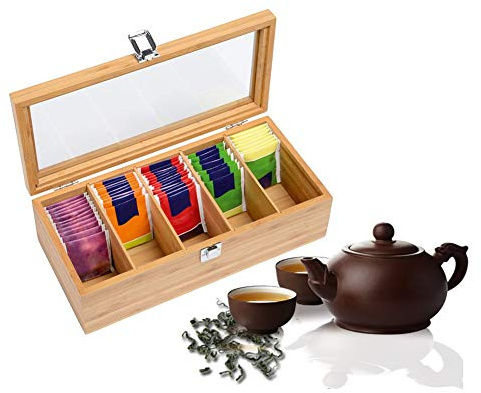 Oriental riverkit Cuisine tebox i bambu med 5 fack tepåslåda dekorativ förvaringsburk av trä fällbart lock med fönster 30 x 12 x 10 cm