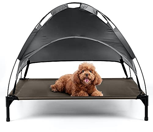 Petlicity Elevated Dog Bed with Canopy – Large Raised Pet Cot with Shade – Waterproof, Breathable & Portable – Cooling Outdoor Pet Bed for Dogs – Ideal for Garden, Camping, Patio, Home Use