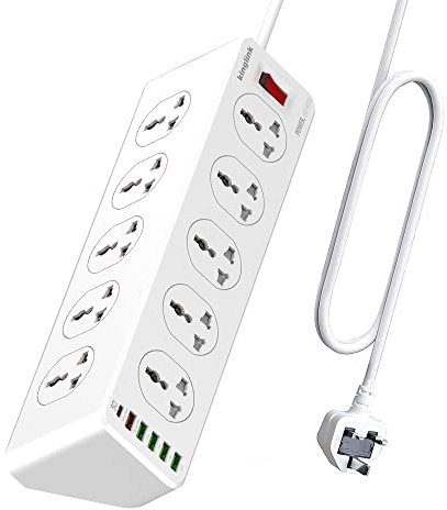 10 Way Extension Lead with USB Slots, 10 Gang Power Strip with 6USB(1 Type C + 5 USBA), Surge Protection Extension Cable, Extension Cord 2 Meter for Home Office, White