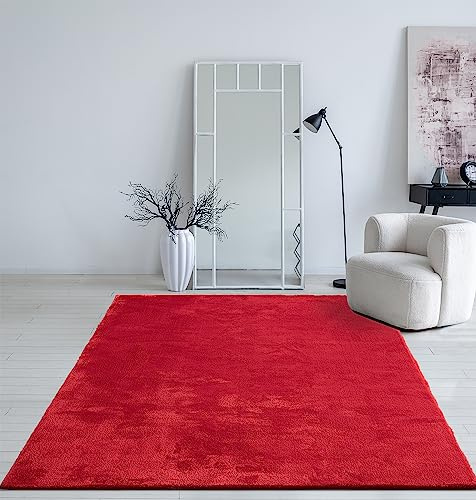 Mia´s Teppiche Taos – kuscheliger Kurzflor Teppich in Felloptik, super Soft & waschbar bis 30°C, mit Anti-Rutsch-Unterseite, Wohnzimmer & Schlafzimmer, Made in Türkiye, Rot, 60 x 110 cm