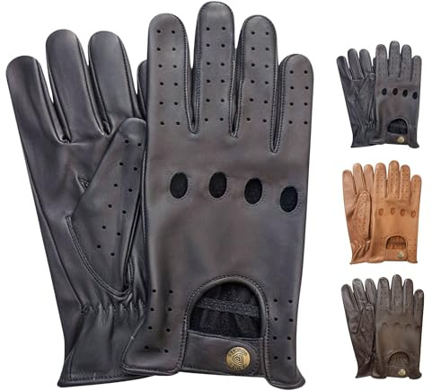 PSS Men Driving gloves Full finger Chauffer cowhide leather Vintage unlined style Summer riding outdoor mittens 502 (Black, L)