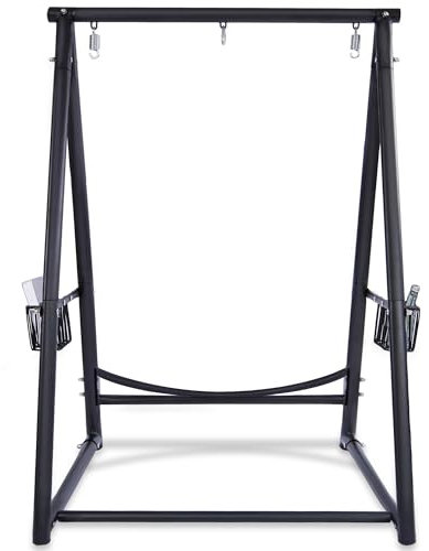 YOXIFOC Base reforzada y estructura triangular con 2 cestas de almacenamiento, soporte de columpio con 3 ganchos para la mayoría de sillas colgantes para exteriores e interiores (solo soporte) (negro)
