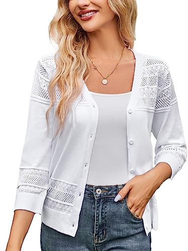 GRACE KARIN Women's Cropped Cardigan 3/4 Sleeve Lightweight Crochet Shrug Hollowed-Out Knit Sweater Tops Bright White L