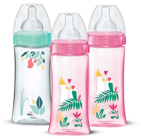 DODIE Set med 3 flaskor 330 ml rund nappflaska för flickor mot kolik