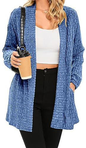 iChunhua Women's Casual Oversized Raglan Sleeve Ribbed Lightweight Long Open Front Cardigans Sweater Tops with Pockets
