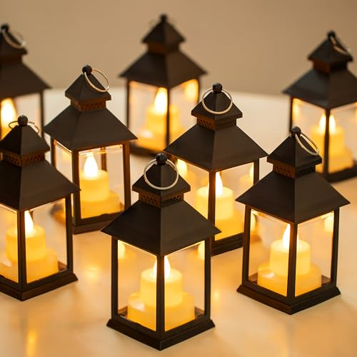 Romadedi Laterne Schwarz Tischdeko Outdoor - 10er Set Mini LED Laterne Metall zum Aufhängen für Halloween Hochzeit Tisch Ramadan Garten Weihnachten Balkon Innen Outdoor Draußen Party