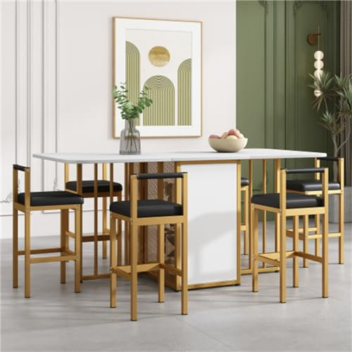 Tcewhhy Essgruppe Set Mit Rechteckiger Esstisch 6 Stühlen Stahlgestell Esszimmertisch Sitzgruppe Für 6 Personen Esstischgarnitur Für Esszimmer Küche Balkon Möbel Weiß Und Gold B