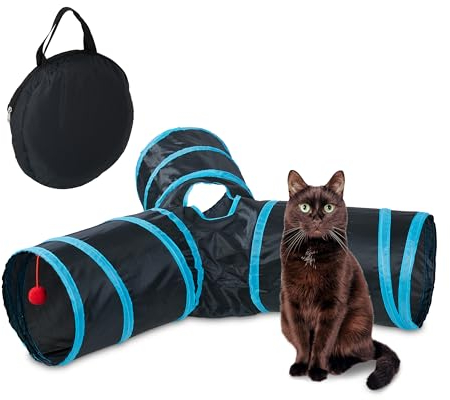 Relaxdays Katzentunnel, Faltbare Katzenröhre, HBT: 25 x 92 x 85 cm, Spieltunnel, Katzenzubehör, mit 3 Wegen, Nylon, bunt