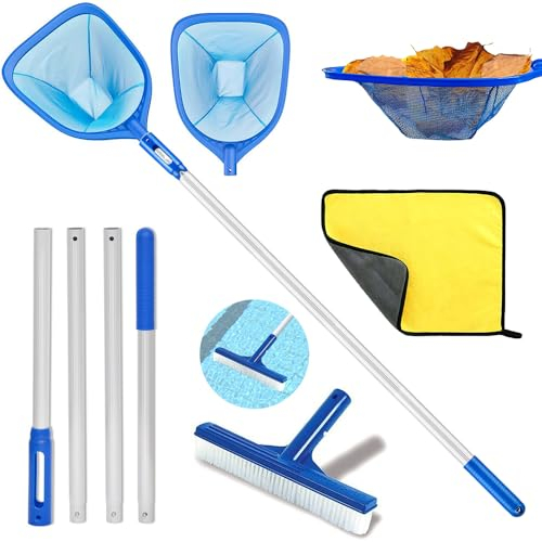 HEYIDAMAI Pool Kescher, Pool kescher Feinmaschig 187cm Lang, Pool Kescher Fein 14cm Tief, Bodenkescher Pool, Laubkescher Pool, Pool Reinigungsset mit Pool Bürste und Putztüche, für Schwimmbad,Teich