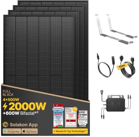 Solakon Balkonkraftwerk 2000W komplett Steckdose - Inklusive Halterung - Balkonkraftwerk 2000 Watt neuester Wechselrichter 800W - Solaranlage Komplettset mit 4x500W Solarpanel mit 10m Kabel