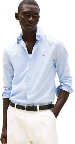 Tommy Hilfiger Uomo Camicia Flex Poplin Mini Print Regular Fit, Blu (Cloudy Blue), XXL