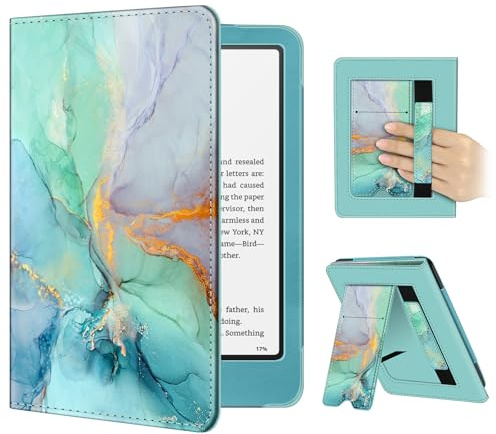 Fintie Hülle für 7 Kindle Paperwhite(12. Generation)/Kindle Colorsoft | Paperwhite Signature Edition 2026, Kickstand Case mit Handschlaufe, Rückseiten-Magnet, Auto Sleep/Wake, Smaragd Marmor