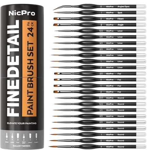 Nicpro 24 pezzi pennelli per dipingere in miniatura, pennelli per pittura a punta fine per dettagli su modelli, acrilico, acquerello, olio, pittura con i numeri, modellismo, miniature- con contenitore