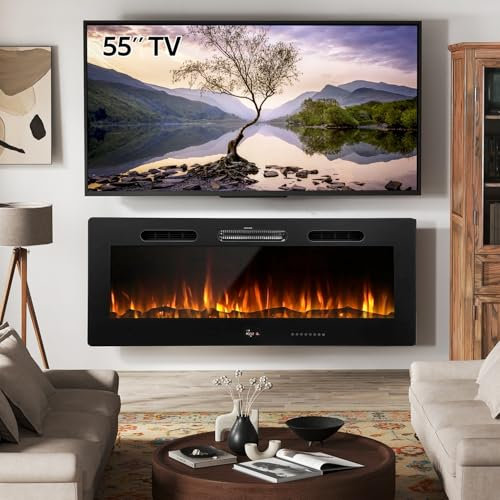 UNIONLINE 127cm Electric Fireplace Wall Mounted/Recessed Insert with 10 Color LED Flames, Media Fireplace with Remote, Touch Screen, Crystal & Log, 1000-2000W