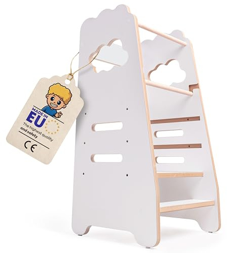 MISIOO Torre di apprendimento a partire da 1 anno - Torre in pelle Montessori regolabile in altezza con protezione antiribaltamento, massiccia ed elegante, prodotta in UE con accessori di montaggio