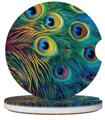 Farbiger Pfau – Keramik-Auto-Untersetzer für Getränkehalter, schnell absorbierender, rutschfester Korkboden, leicht zu reinigendes Kerbendesign, für Reisen und Geschenke, 2 Stück