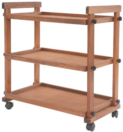 Carrello in legno a 3 piani per lavori artistici – Carrello multifunzione in legno di faggio massiccio con ruote freno e portapenne, design retrò – Carrello pieghevole per studio, scuola e ufficio