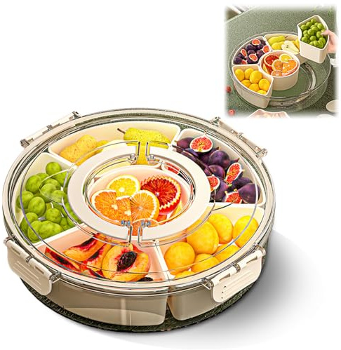 XHNKEG Snackbox mit Fächern, Snack Spinner mit 6 Schüsseln Snackteller mit Deckel und Griff Drehbare Snackschale Rund Snackdose Organizer für Party Snacks Nüsse Obst Gewürze