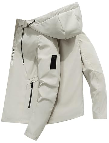 Waterproof Jacket Mens, Lightweight Water Resistant Raincoat with Adjustable Hood, Full Zip Outdoor Walking Hiking Sports ActiveWear Work Fishing Travel Photo Top (Khaki, L)