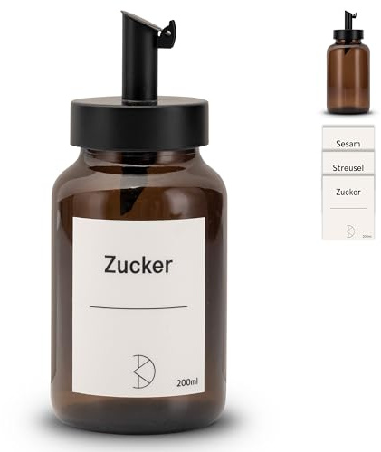 Koffs Design Zuckerstreuer mit Edelstahl Dosierer – individuelle Streuer für Zucker, Streusel, Sesam, Saaten und mehr - moderne Zuckerdose aus Glas mit UV‑Schutz - mit Stickern 200ml