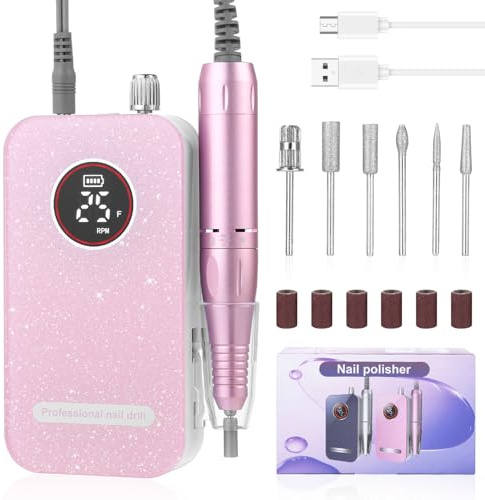 Tragbarer Elektrischer Nagelfräser 45000 RPM Professionelle Nagelfeile Set | Mit LED Display und Nagel bits, Wiederaufladbare Fräser für Acrylnägel, Gelnägel, Salon Zuhause