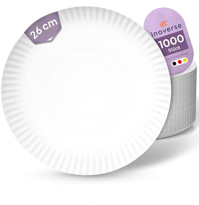 Inoverse 1 000 stycken papperstallrikar vita – runda 26 cm – miljövänliga engångstallrikar av kartong, festporslin, kakfat, engångsporslin