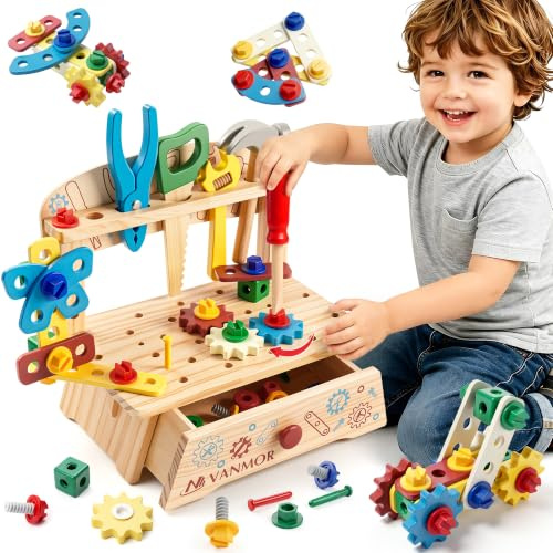 Vanmor Mallette à outils pour enfants, jouets Montessori, établi en bois