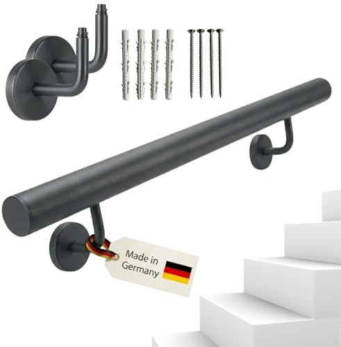 TIBU Handlauf Set Edelstahl Anthrazit pulverbeschichtet - Modernes Treppengeländer & Wandhandlauf Komplettset, Rostfrei für Innen & Außen, Länge 60 cm mit 2 anthrazit Halter und gerade anthrazit Kappe