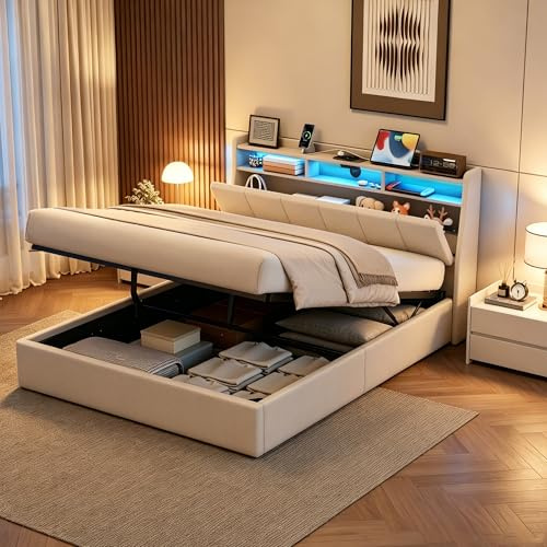 Mydtt Letto Matrimoniale 140x200 con Contenitore, Letto imbottito LED Testiera con porte USB, TypeC e Presina, Struttura Letto con Rete a Doghe e Testiera con Contenitore, Senza Materasso, Lino Beige