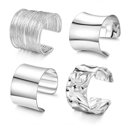 Bracelet À Manchette Argent Large Bracelet Bangle Réglable, 4 Pièces Élégant Métal Minimaliste Plaqué Bracelet Femme Bracelets Larges Ouverts Bijoux Statement Chic Adapté Aux Cadeaux De Vacances