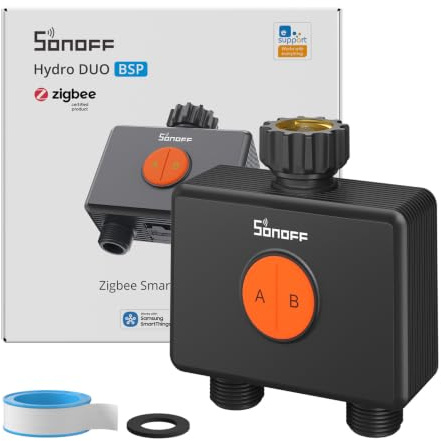 SONOFF SWV-ZF2E Hydro DUO Temporizador de riego Zigbee de 2 zonas, entrada de latón, IP65, alimentación Type-C y 4 AA, ajuste climático con caudalímetro, requiere hub Zigbee, Home Assistant