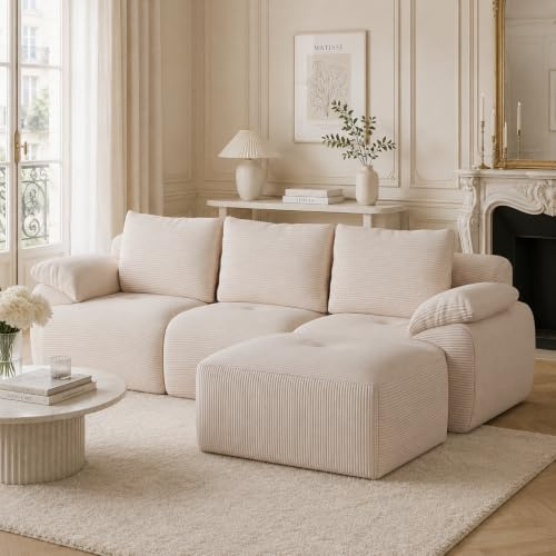 OLIVIBED L-formad hörnsoffa med sovfunktion, Corduroy Boneless soffa med ottoman, modulär 3-sits med schäslong till vänster, vardagsrum och sovrum, monteringsfri sofflandskap, beige